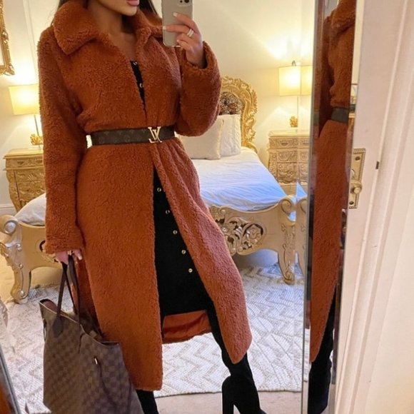 5🌟 Autumn Goalz Rust Teddy Faux Fur Duster Jacket - Picture 4 of 15